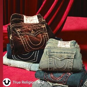 True Religion Johnny Super T Blue Denim Jeans with Red Stitching